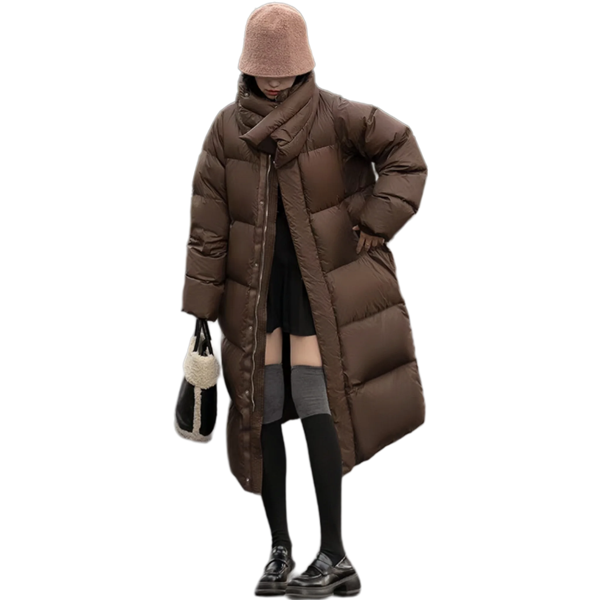 Standing Collar Down Jacket, Korean Version Extended Loose and Thick Warm White Duck Down Jacket, Women's W inter New 2024