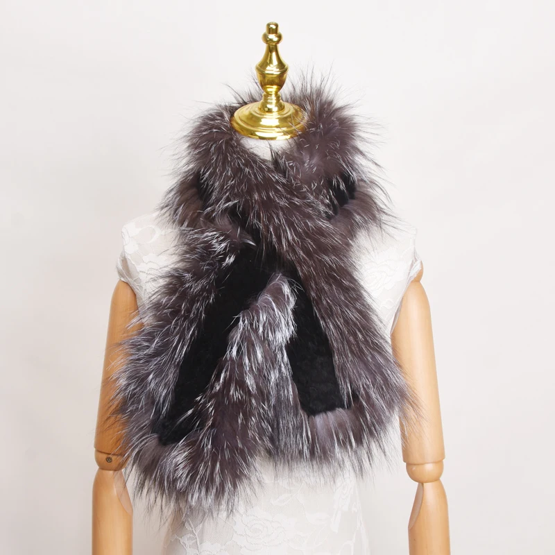 

New Winter Women's Genuine Real Rex Rabbit Fur Silver Fox Fur Hand Knitted Scarf Scarfs Scarves Wraps Street Fashion