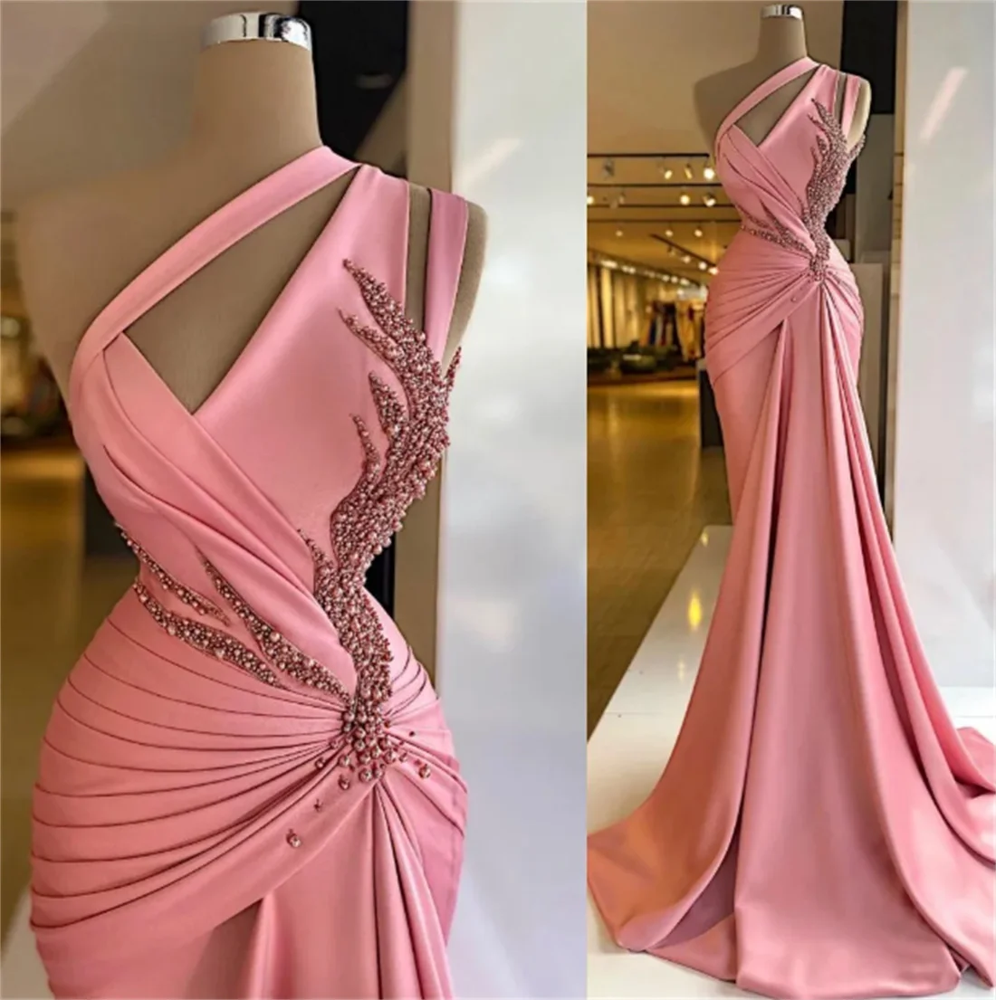 

Романтическое розовое атласное вечернее платье с румянами, платье-футляр на одно плечо, женское современное платье для выпускного вечера с юбкой-годе и кристаллами и жемчугом