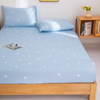 1PC Light Blue Heart Fitted Sheet, Cute Pattern Elastic Deep Pocket Bed Sheet, Sweet Bedding for Bedroom Decor