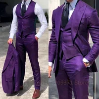 Purple Suit Men Business Tuxedos Formal 3 Pieces Set Jacket Vest Pants Single Breasted Groom Groomsman Prom Wedding Party