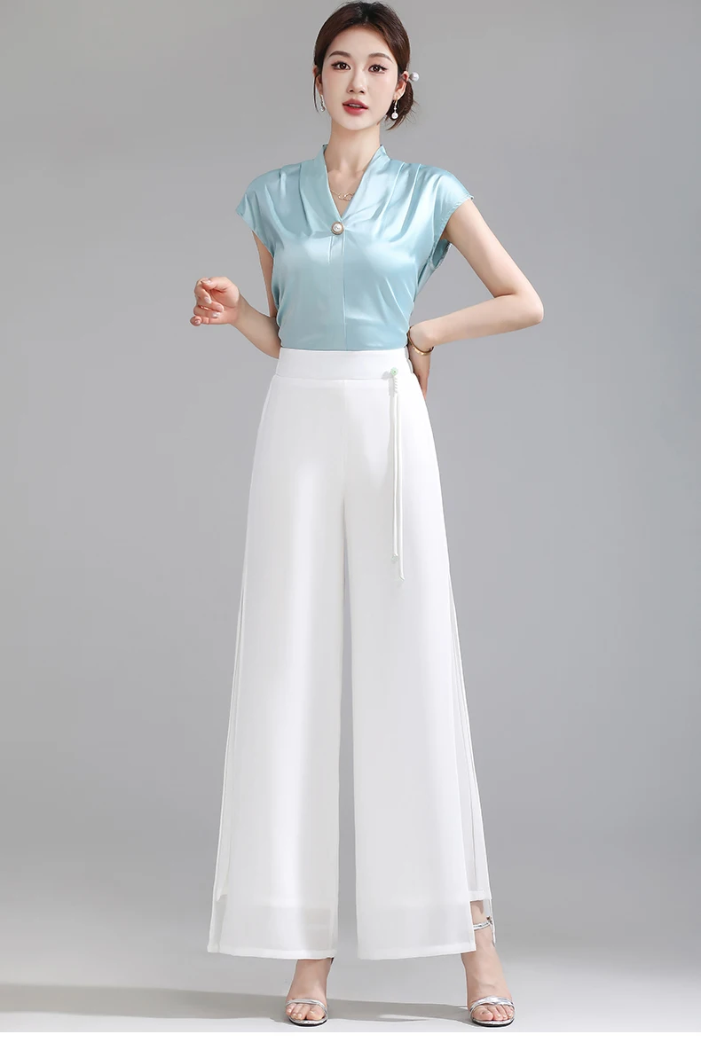 ZUZK Double Layer Chiffon Pants Fashion Slit Chiffon Pants Spring Summer Comfortable Elastic Waist Slim Chic Droop Pants