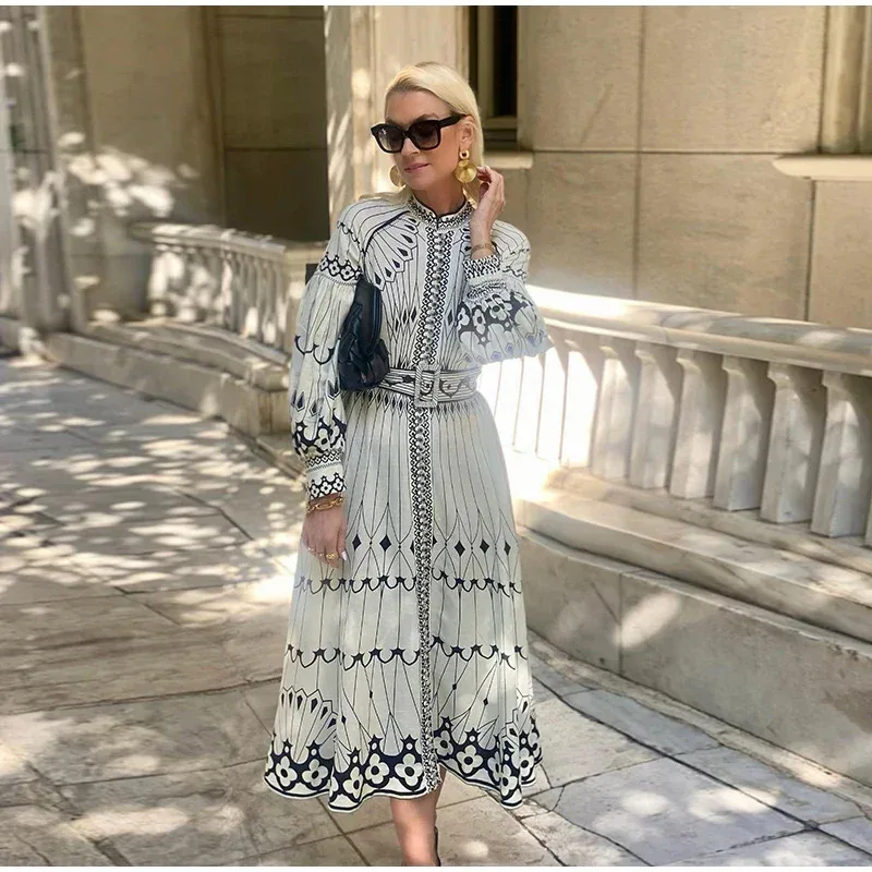 

Woman Court Style Temperament Grace Long Sleeved Belt Buckle Fastening Fashion Geometric Printing Dress