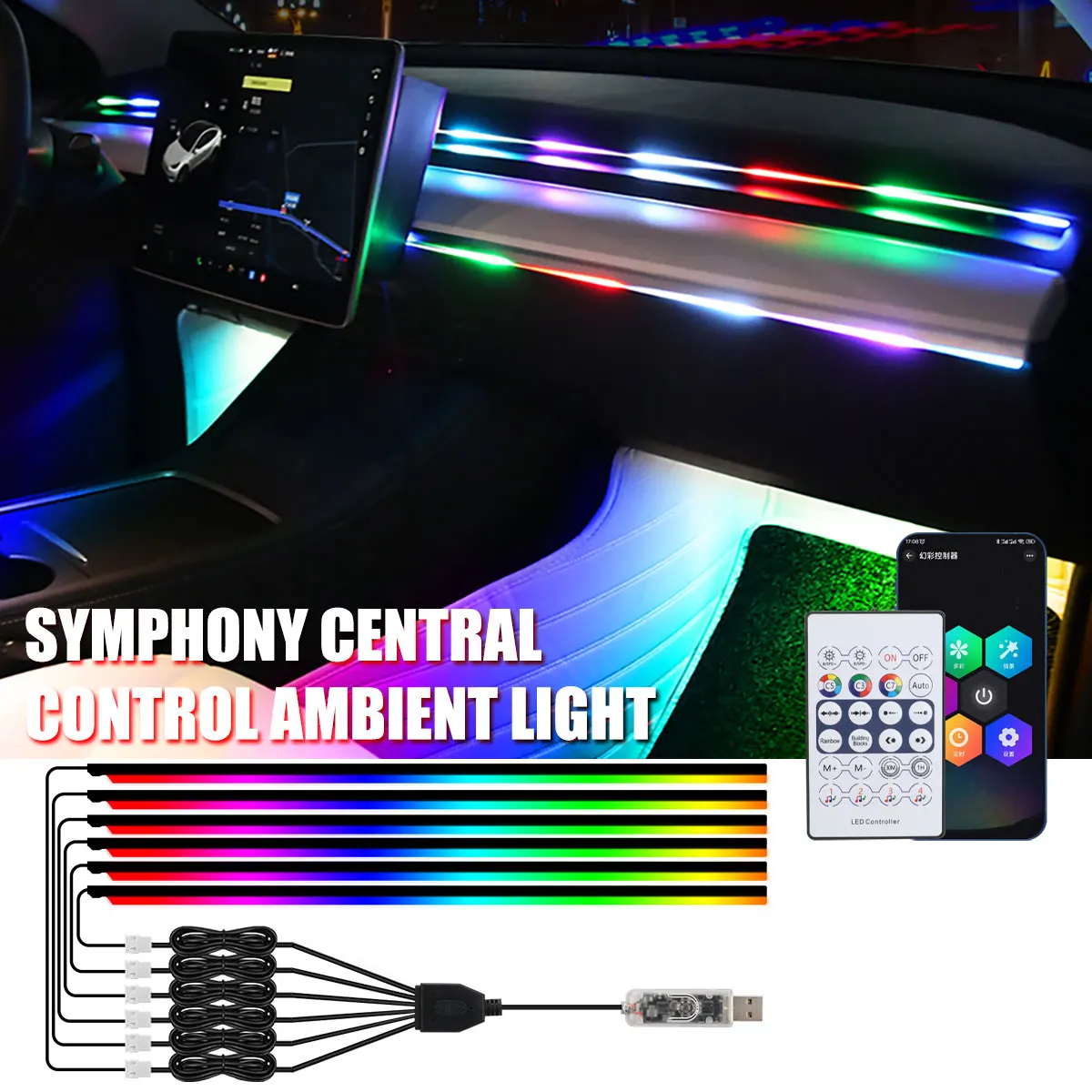 KEVANLY luces ambientales para coche 10 en 1, lámparas de ambiente RGB universales para reposapiés, aplicación USB, encendedor de cigarros remoto para Tesla Model 3 Y S X