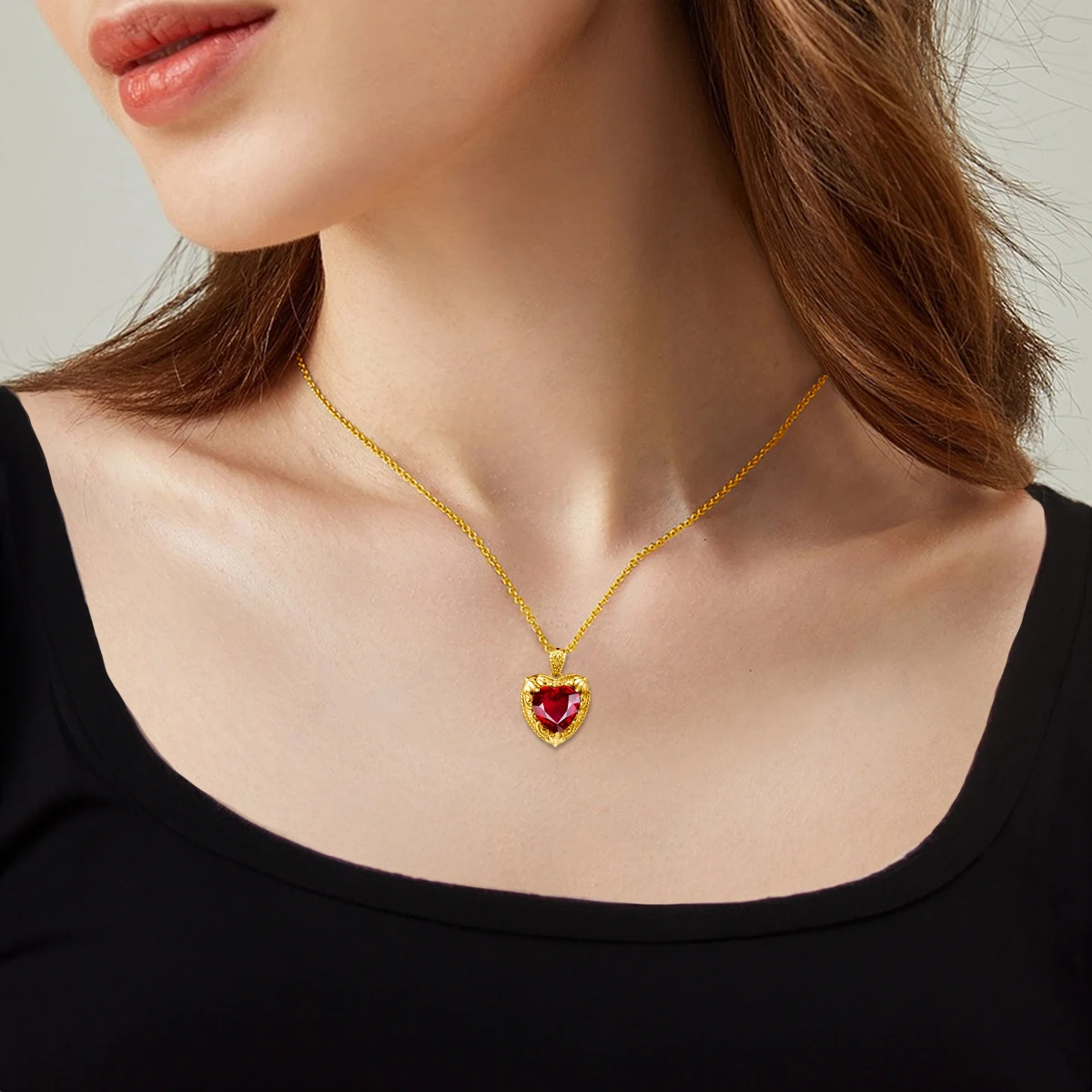 Szjinao Gold Red Ruby Heart Necklace For Women With Stone 15*15mm Victorian Pendant Royal Luxury Jewelry Handmade High Quality