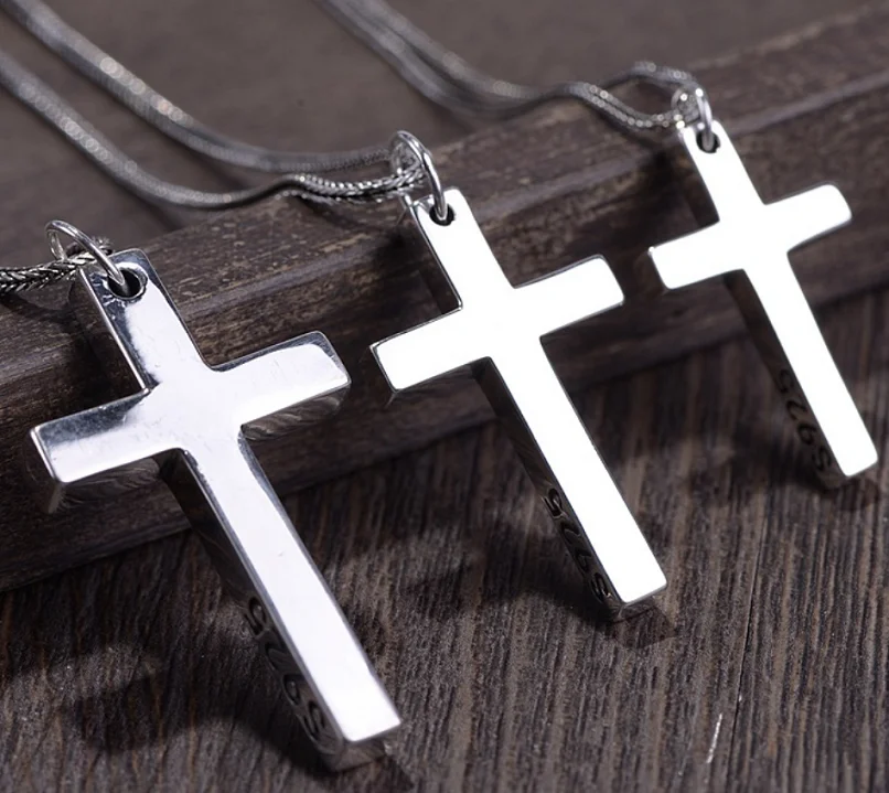 100% Real Solid S925 Sterling Silver Cross Pendant For Men Women Smooth High Polishing Simple Design Jesus Christ Jewelry 2