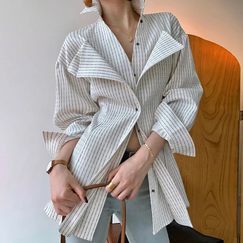 

Women's Long Sleeve Stripe Shirt, Light Mature, Popular, Casual, Slim Fit, Suit Collar, Side Opening, Fashion, Spring, New, 2024