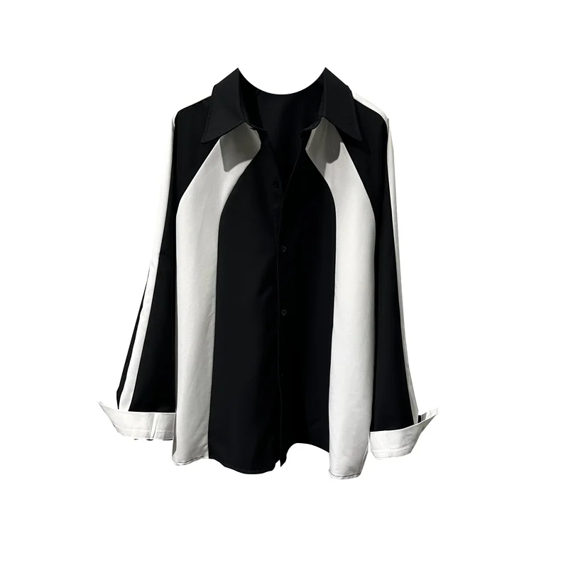 SuperAen Korean Autumn Black and White Panels Contrast Loose Long-sleeved Shirt High-end Patchwork Shirts