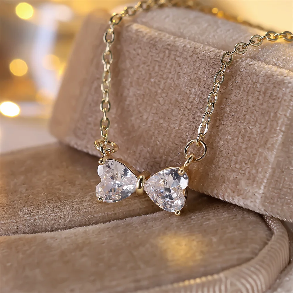 Luxury Crystal Cute Bowknot Pendant White Zircon Necklaces for Women Vintage Gold Color Chain Necklace Wedding Jewelry Accessory