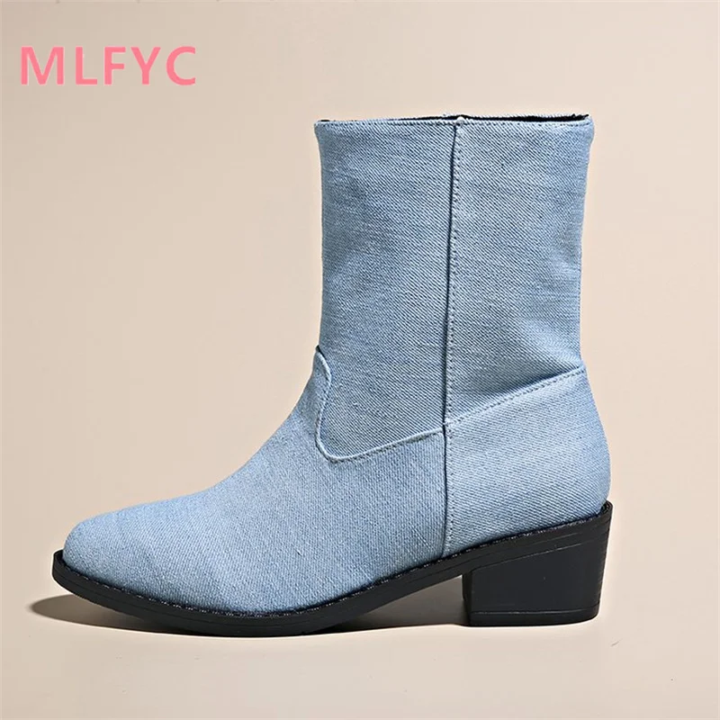 Cowboy boots for women with round toe, thick heels mid length boots women autumn winter New fashion warmth comfort short boots