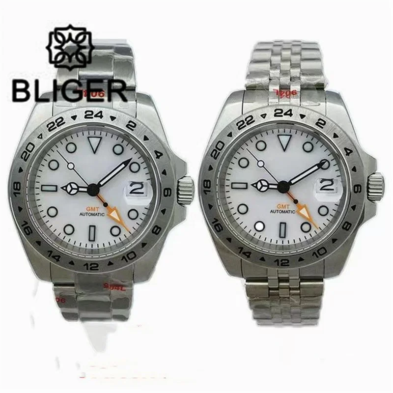 

BLIGER 40mm NH34A(GMT) DG3804 Automatic Men Watch Stainless Steel Jubilee/Oyster Bracelet Sapphire Glass Silver Case White Dial