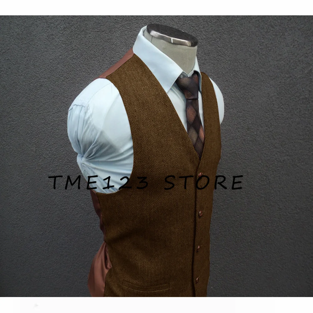 Men's Herringbone Vest V-neck Single-breasted Business Fashion Party Vest Luxury Men's Clothing Suit Male Steampunk Cufflinks