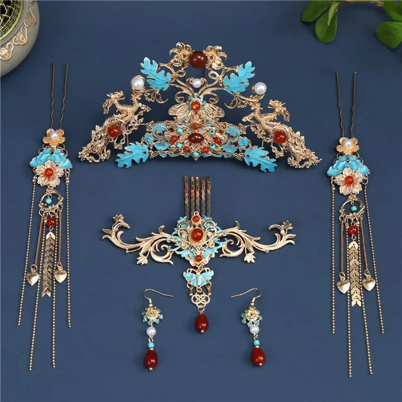 

Античная Женская позолоченная Корона из волос двойного дракона с имитацией драгоценных камней и металлической кисточкой, Шпилька для волос Hanfu, головной убор