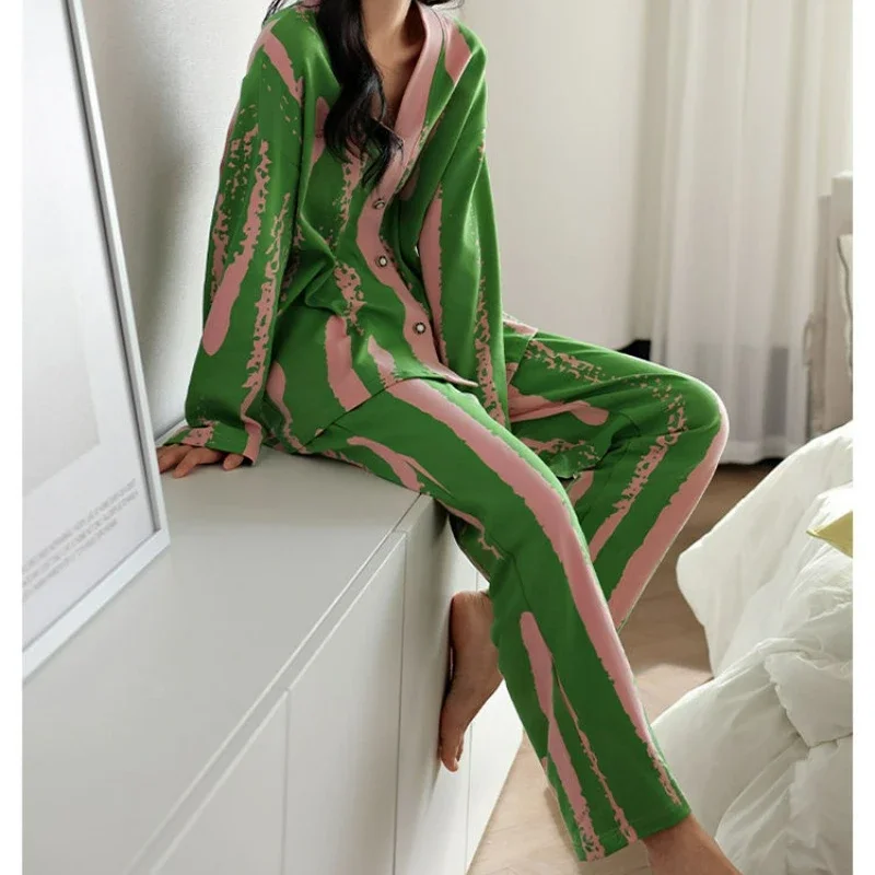 Pure Cotton Pajamas Women's Spring Autumn Long-sleeved Cute V-neck Korean Version Loose Suit Loungewear Can Be Worn Outside
