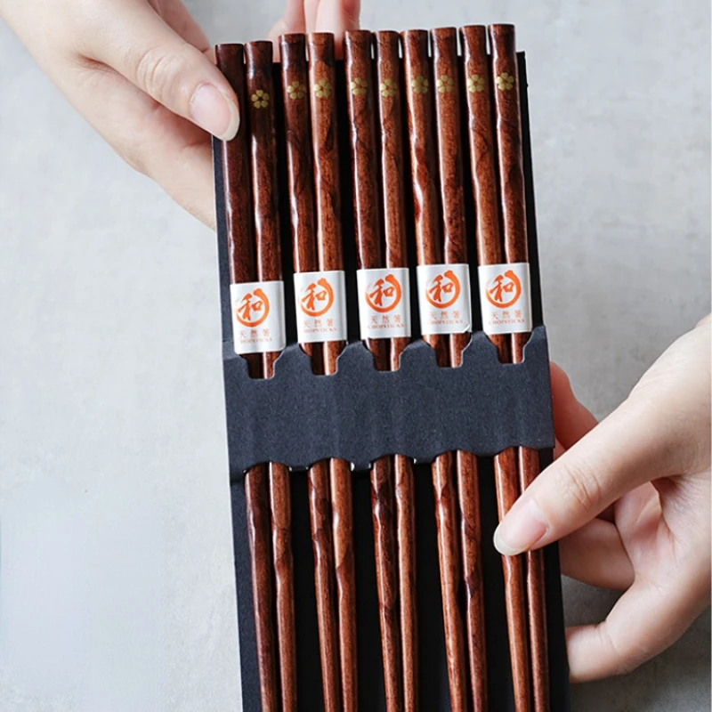 5 Pairs Japanese Sushi Chopsticks Gold Sakura Natural Wooden Eco-Friendly  Reusable Wood Korean Chinese Food Chop Sticks Set