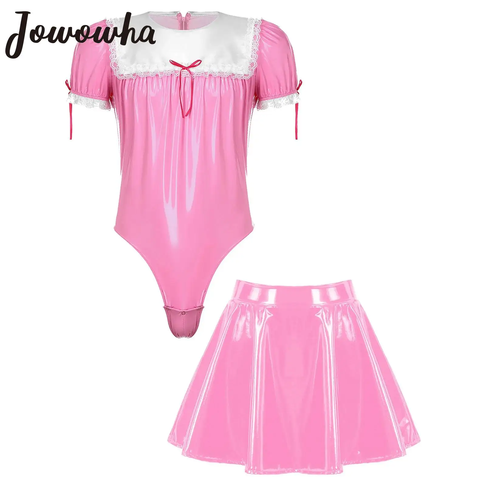 

Мужской костюм горничной для косплея, боди из лакированной кожи с пышными рукавами, трико, расклешенная юбка, женское платье-кроссдресс, клубная одежда