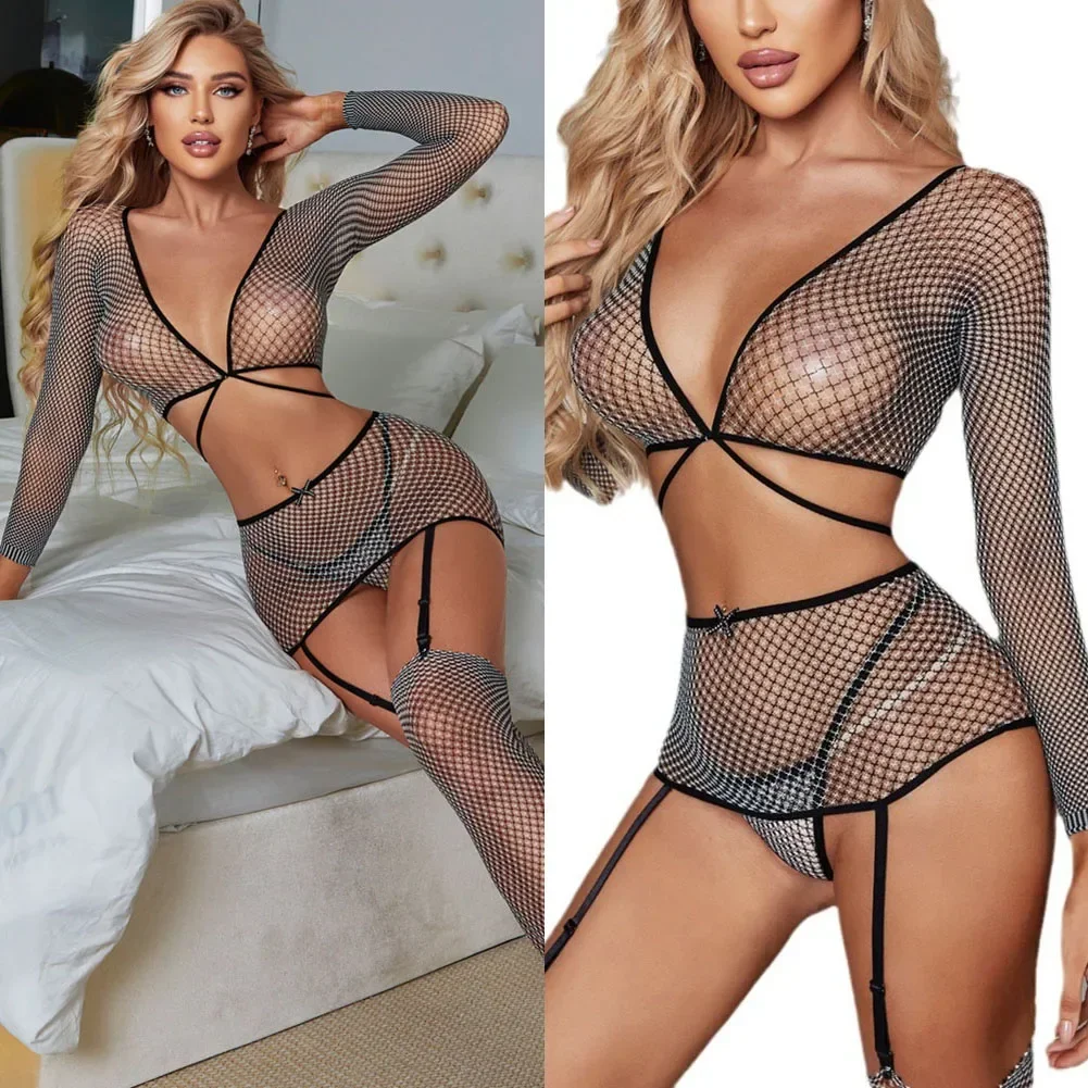 Women Sexy Lingerie Jumpsuit Netting Garter Thong Suit See-Through Slim Fit Grey Exposed Butt See Through Temptation Outfit