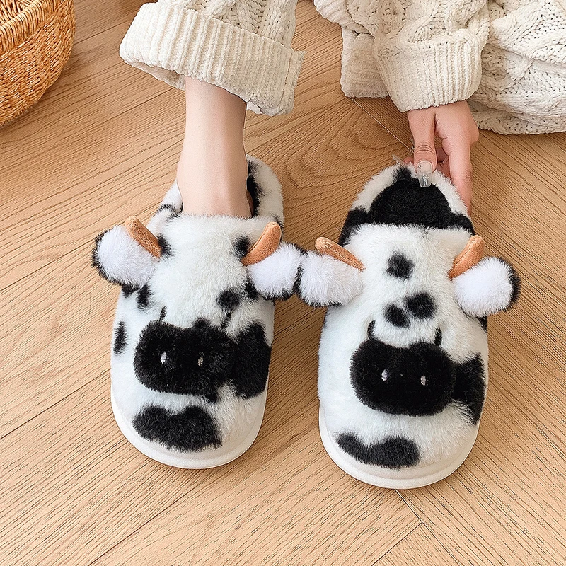 Casual Fluffy Slippers Women House Cute Cartoon Cow Designer Shoes Girl Flat Fashion Elegant Plush Winter Platform Footwear Home — view 6