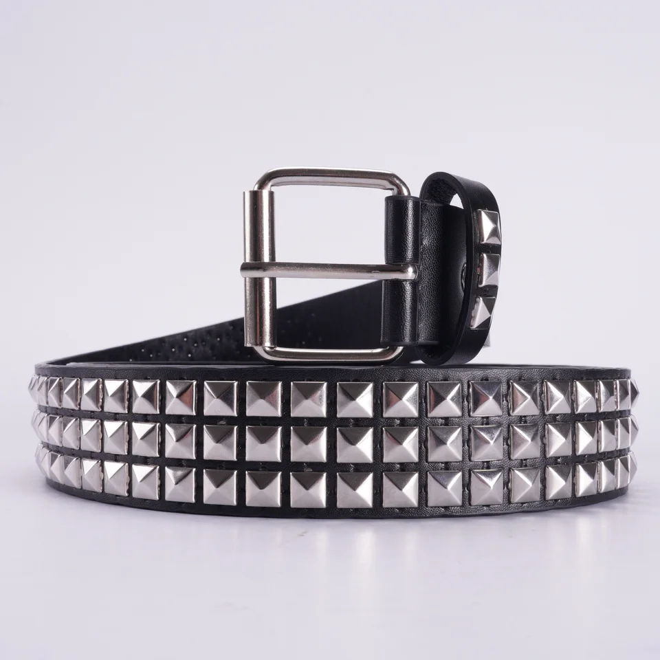 SDXCJY Cintura con rivetti in stile rock punk, borchie borchiate, goth, a tre file, a piramide, quadrata, in pelle PU vintage, rock punk, con occhielli borchiati, punk, per jeans, abbigliamento rock