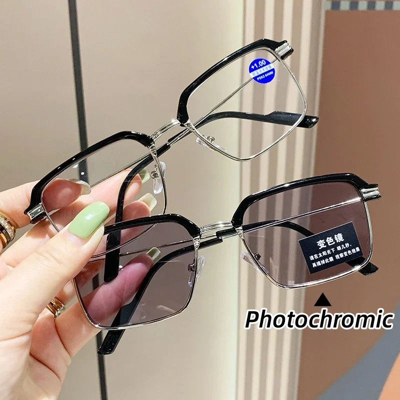 

Vintage Metal Square Photochromic Glasses Luxury Far Sight Presbyopia Male Female Fashion UV Sunglasses with Diopters 0 To +4.0