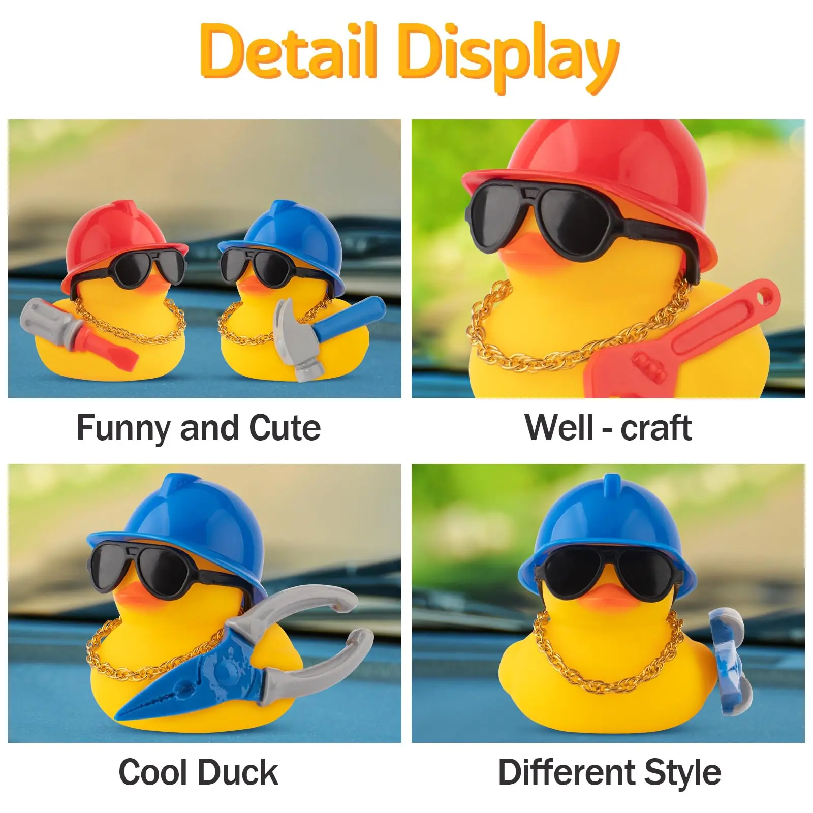 Car Dashboard Decorations Rubber Ducks, Construction Builder Rubber Ducky for Car Ornament Cute Duck with Tool, Hard Hat, Glasse 3