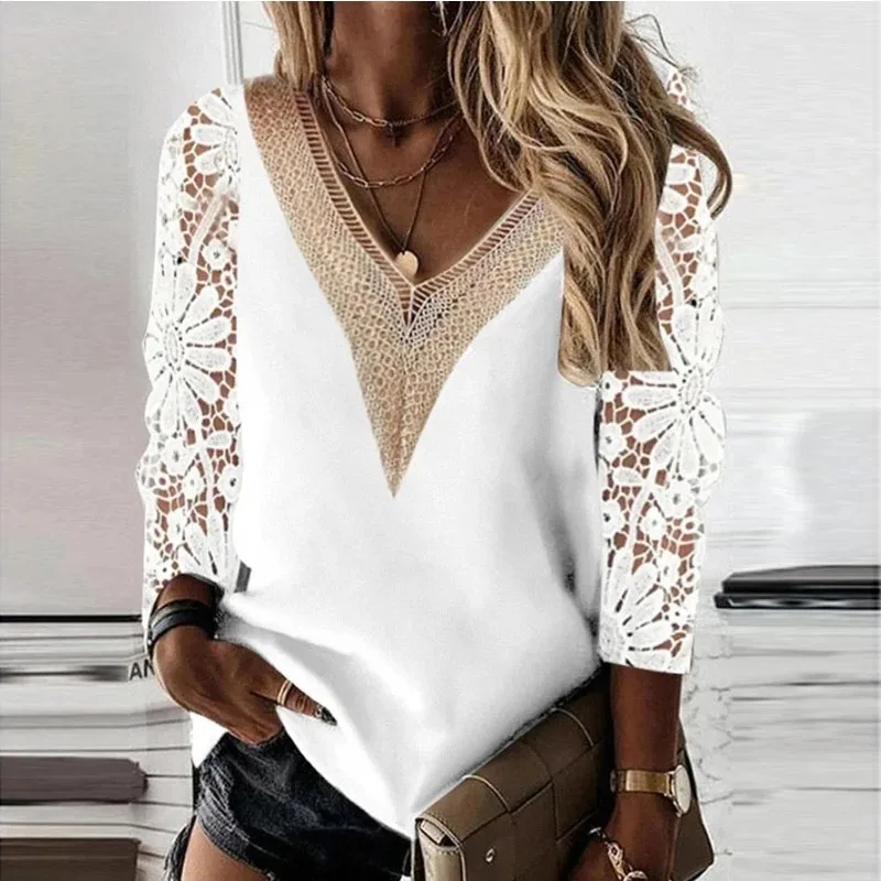 Women Tops Elegant Long Sleeve Blouse Spring V-neck Stitching Hollow Out Lace Chiffon Shirt Casual Loose Clothes Blusas 25948