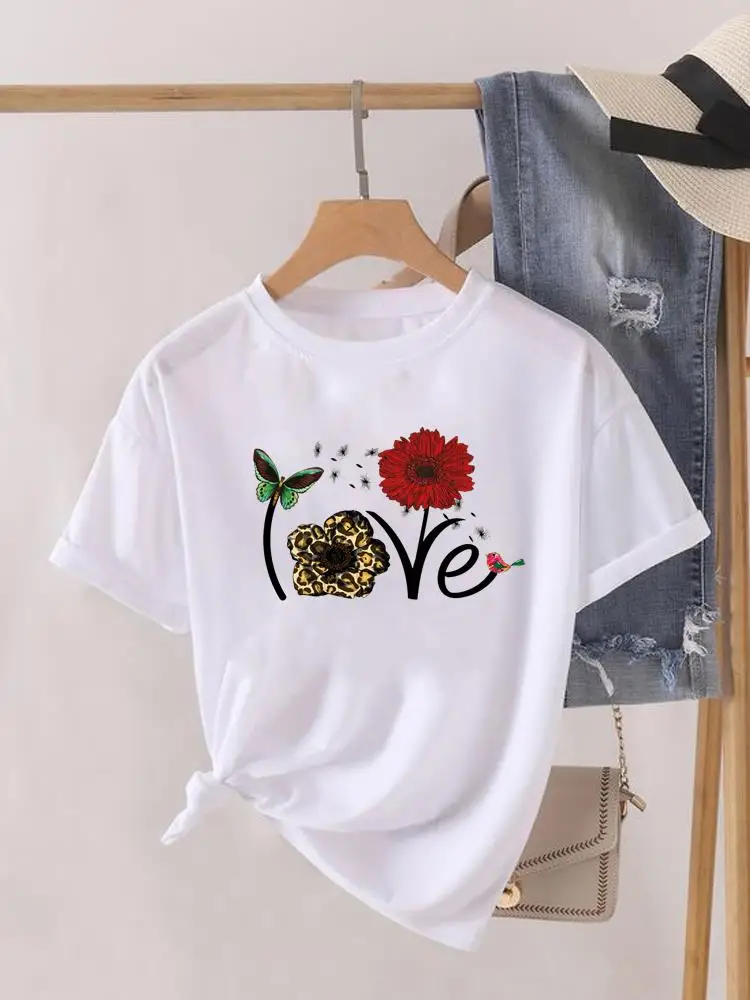 Clothes Graphic T-shirt Flower Letter Printing Cute Fashion Print Summer  Women Short Sleeve Lady Female Shirt Tee