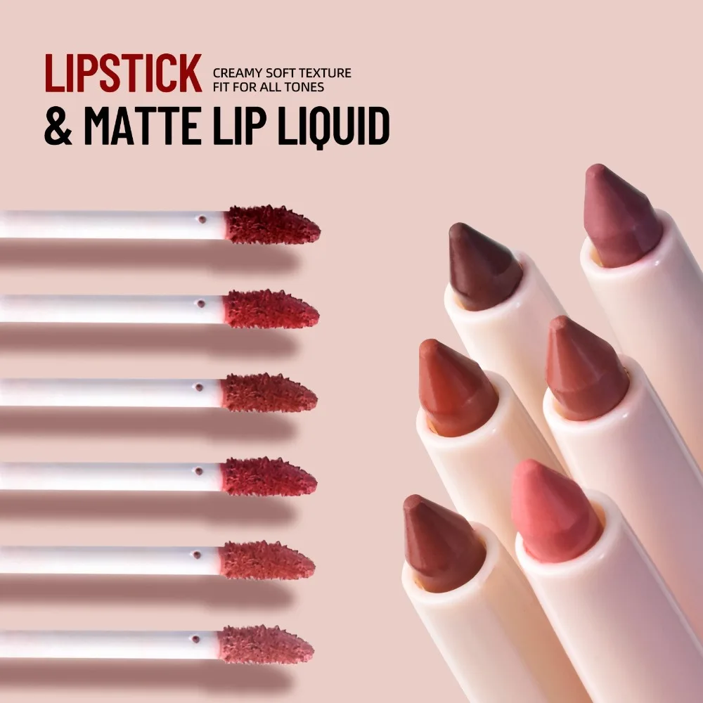 Matte 6-colors Double-headed Lip Liner Pen Lip Gloss 2 In 1 Lipstick Long Lasting Natural Nude Brown Lips Contour Pencil Makeup_voghion.com