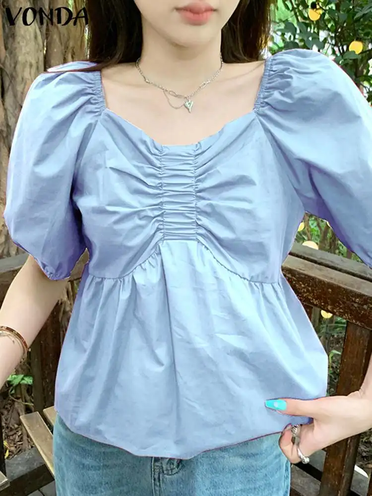 

VONDA 2023 Women Summer Blouses Sexy Square Neck Tops Fashion Solid Color Short Sleeve Party Shirts Loose Casual Blusas Feminina