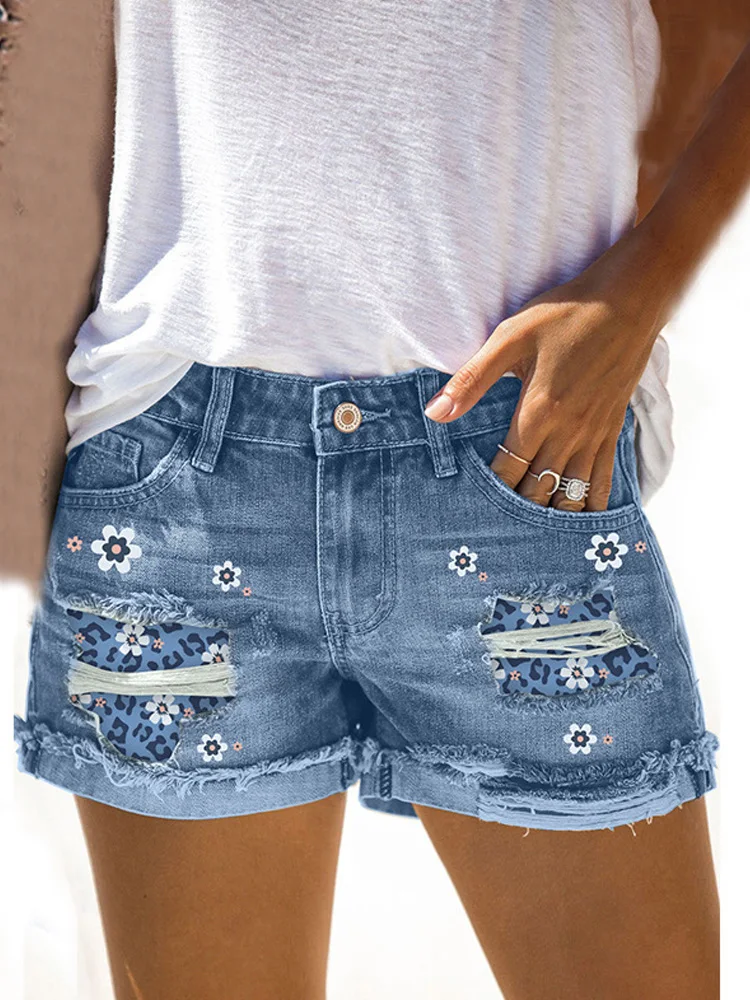 Women Casual Fashion Ripped Denim Short Printed Patchwork Jeans Shorts Mid Rise Distressed