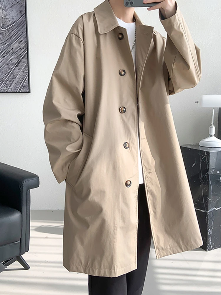 

2024 Korean Style Spring Windbreaker Trenchcoat Male Streetwear Trench Coat Men Solid Business Casual Loose Long Overcoat B23