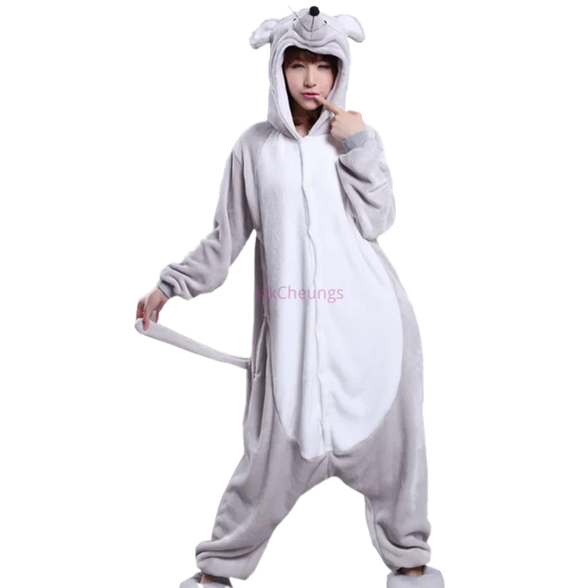 Adults Flannel Kigurumi Animal Costume Grey Rat Mice Womens or Men's Onesies Pajama for Halloween Carnival Party