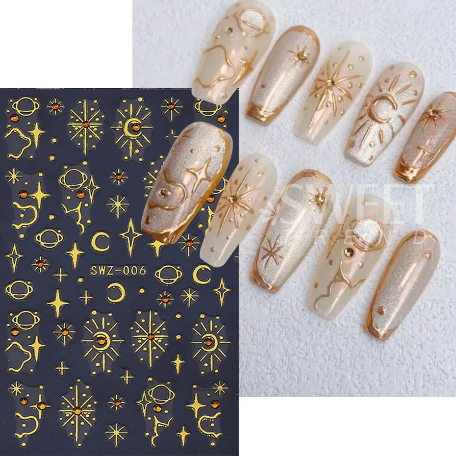 2pcs Bronzing Nail Art Stickers With Rhinestone Star Moon Planet Bohemian Adhesive Slider Nail Decals DIY Manicure Decoration