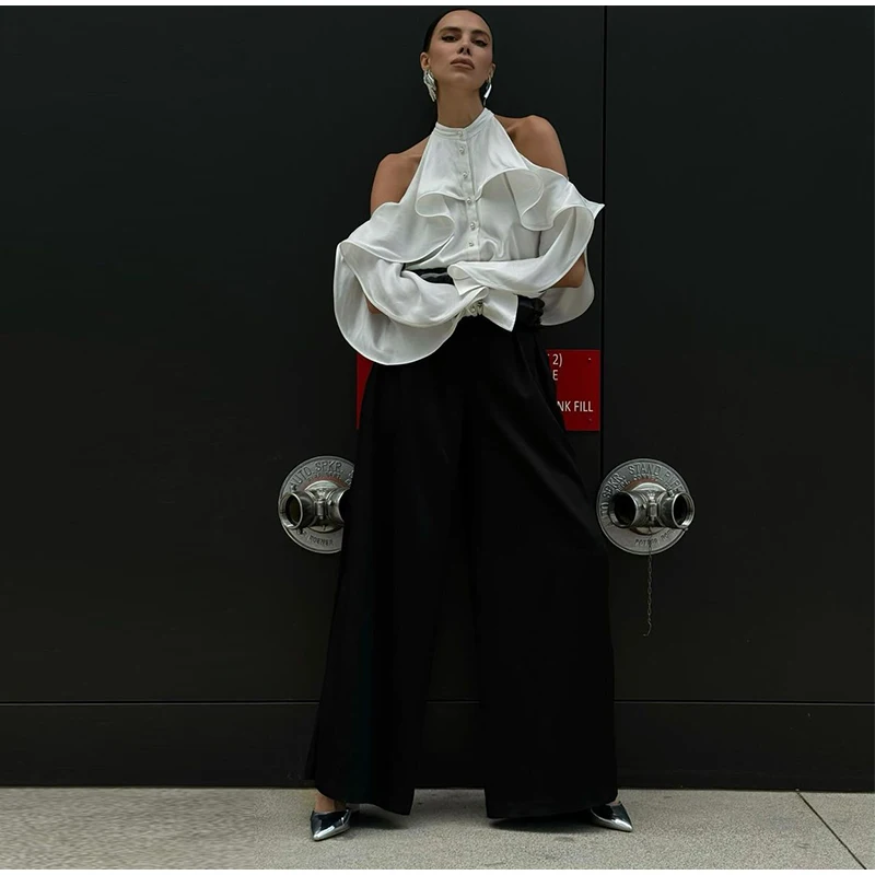 Elegant White Ruffle Halter Shirts Women Vintage Loose Hollow Out Single Breasted Blouses Female Autumn Chic High Street Tops