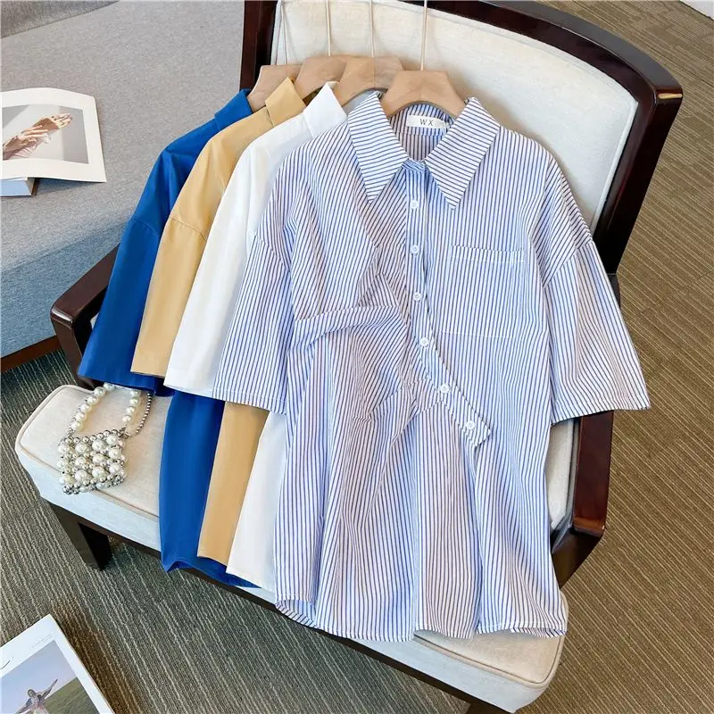 

Женская хлопковая рубашка на пуговицах, белая Повседневная Свободная блузка в полоску с коротким рукавом, офисный топ в Корейском стиле, Q521, на лето