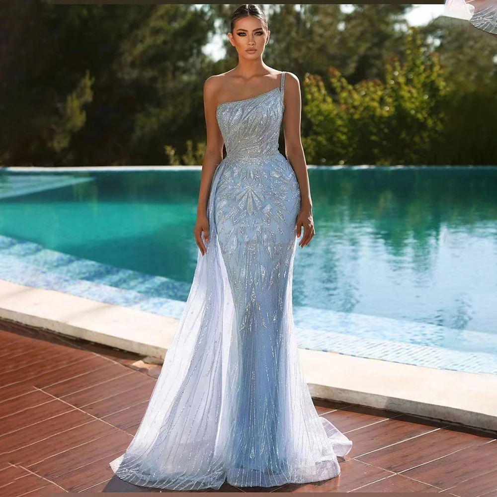 

Jancember Blue One Shoulder Mermaid Luxury Dubai Evening Dress 2023 Women Wedding Sage Green Overskirt Prom Party Gowns Sz211