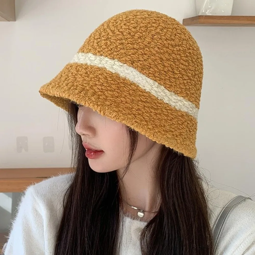 

Wool Fisherman Cap Fashion Mixed Color Stripe Lamb Fleece Hat Headdress Warm Bucket Cap Winter