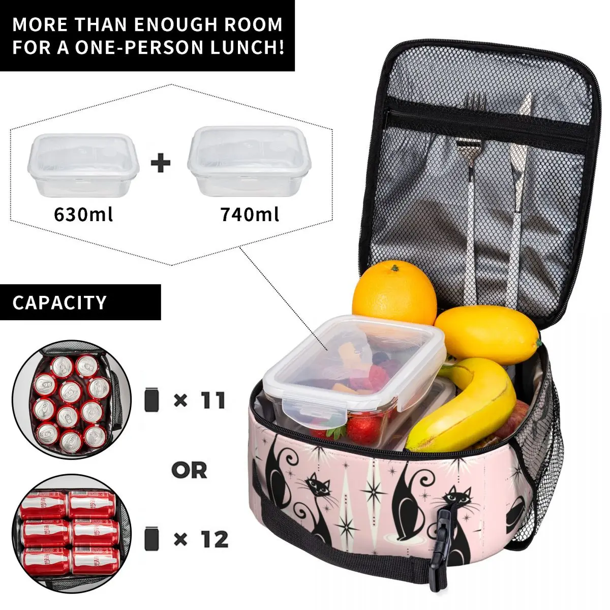 Black Cat Kitty Insulated Lunch Bags Mid Century Meow Retro Atomic Kitten Portable Thermal Cooler Bento Box Work School Travel