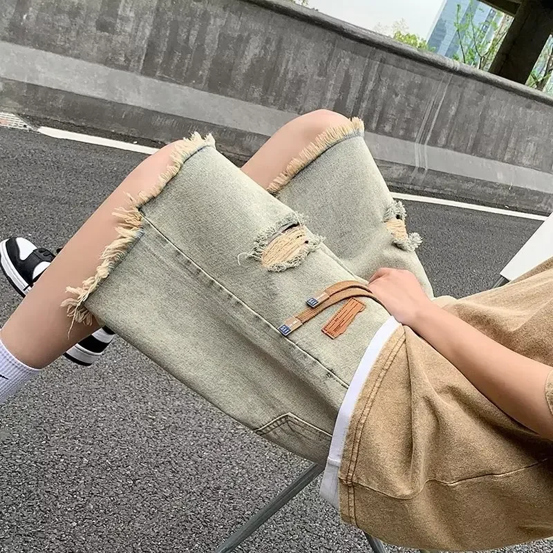 Men's Summer Thin Casual Denim Shorts Vintage Five-Point Pants Loose Fit Trendy Brand Hole Punching Short Length Casual Trousers