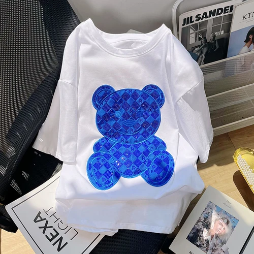 

Street Hot Drilling Cute Cartoon Bear Short-Sleeved T-shirt Female Summer 2023 New Loose Printed White Tshirt Top Graphic Tees