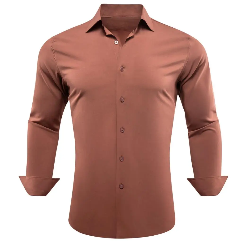 

Luxury Mens Shirts Long Sleeve Brown Red Solid Silk Business Casual Male Tops Regualr Slim Fit Turn Down Collar Cloth Barry Wang