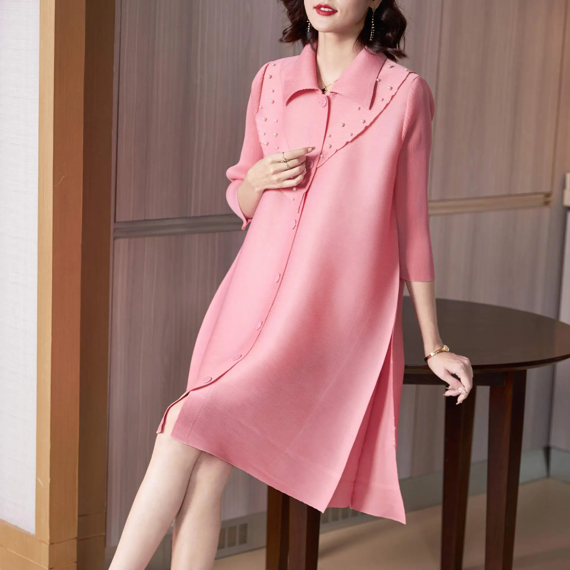 

Женское плиссированное платье миаке, розовое платье-рубашка с отложным воротником и рукавом три четверти, на вес 45-80 кг, осень 2022