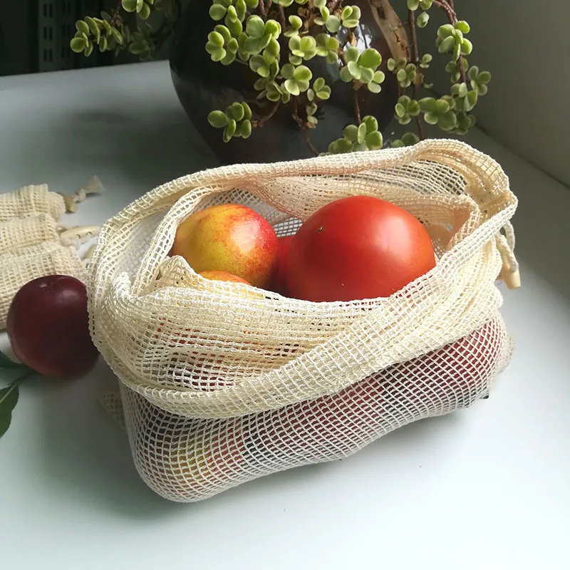 Reusable Cotton Mesh Produce Storage Bags with Drawstring for Fruits and Vegetables