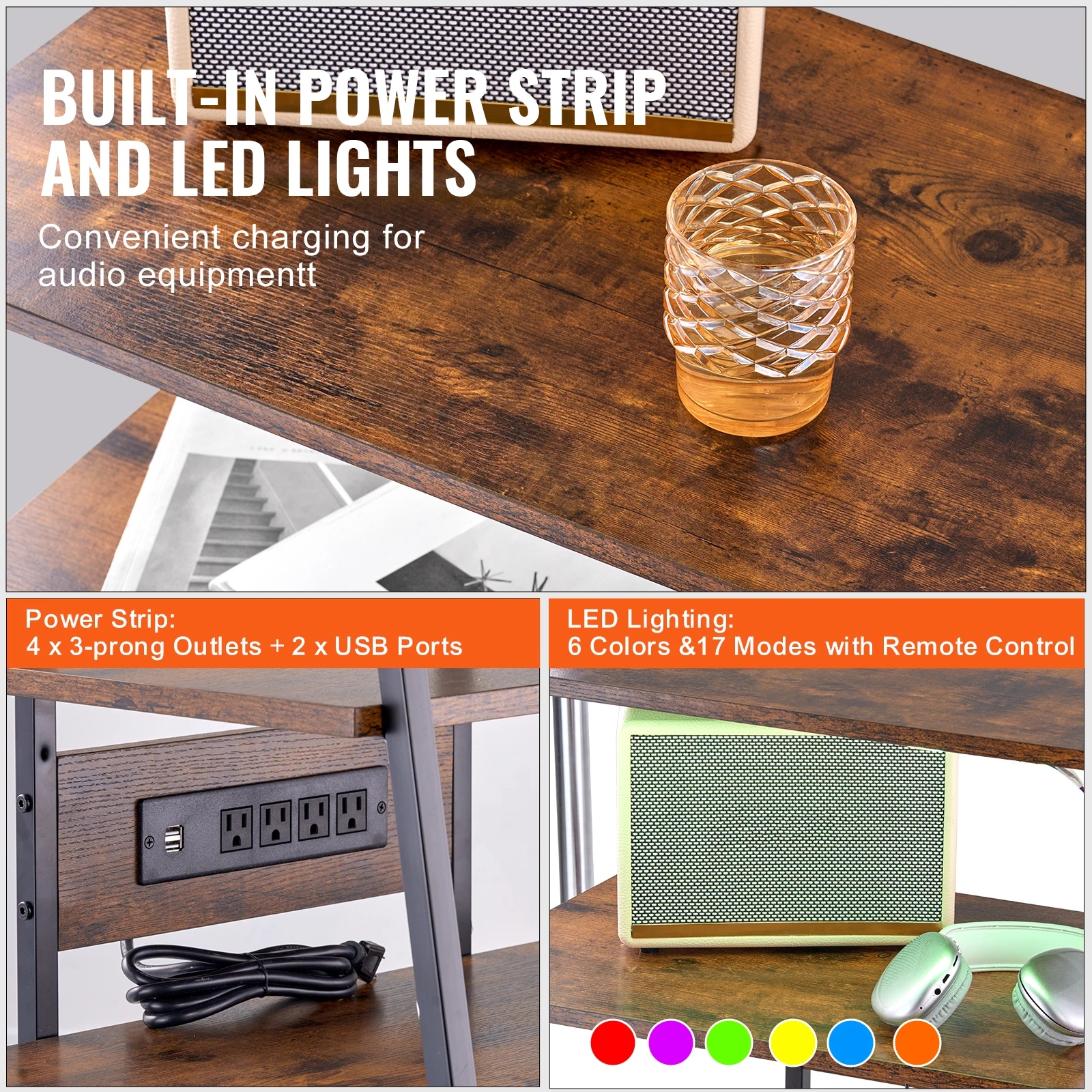 Wooden AV Media Stand with Power Strip for Home Theater