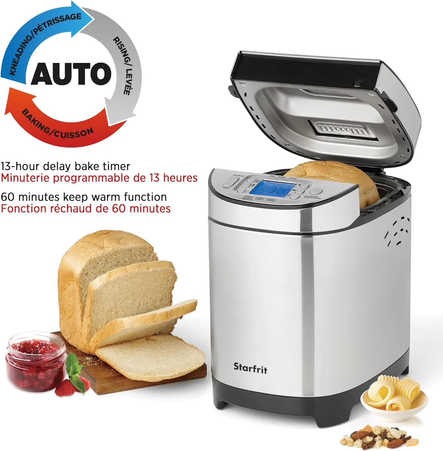 Electric Bread Maker - 2lb Loafs  Non Stick Removable Pan  Automatic Nut Dispenser 13 Preset Programs - 550W 5