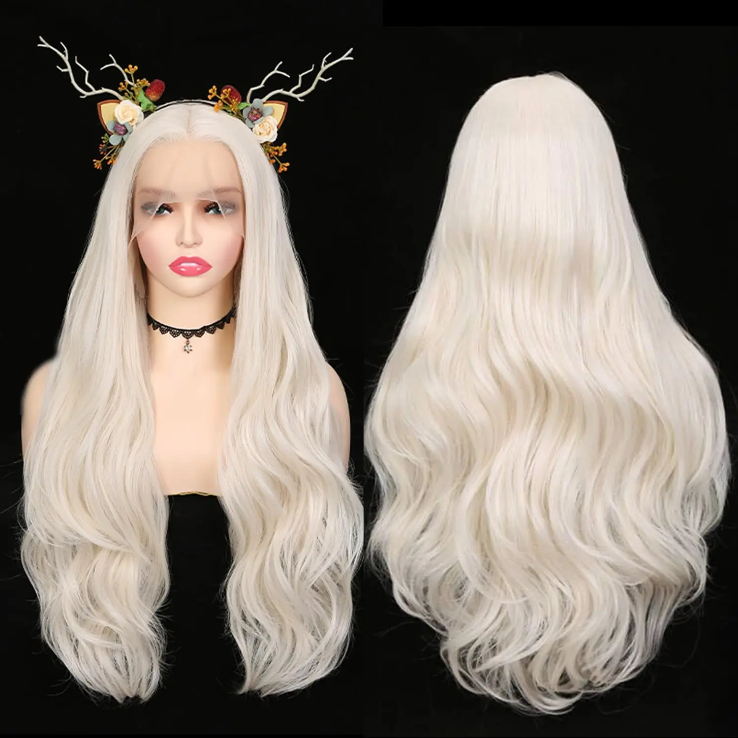 

Hot selling wig women's 28 inch front lace split large wave white gold curly hair headband