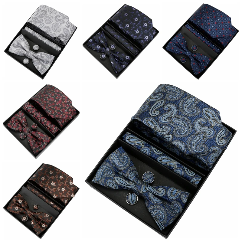Herren-Krawatten-Set für Männer, lila, einfarbig, blau, geblümt, Fliege, Einstecktuch, Manschettenknöpfe, modische Hochzeitskrawatte in Geschenkbox – Detail 6
