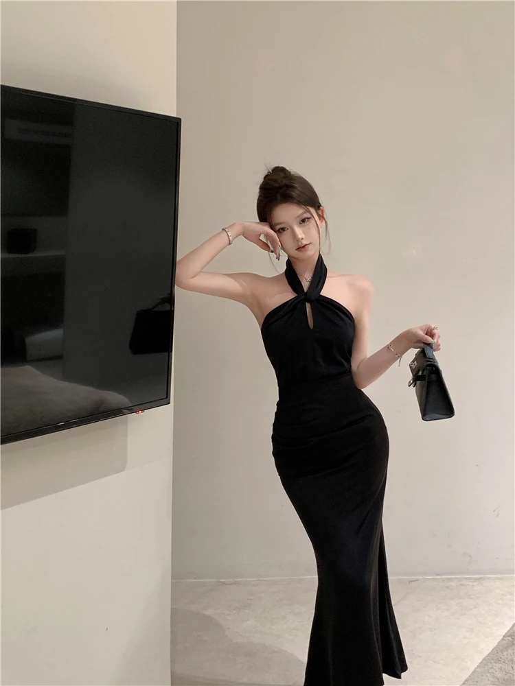 Sexy Bodycon Satin Evening Party Dress Sleeveless Halter Slim Mermaid Summer New Midi Dresses for Women Prom Vestidos Mujer