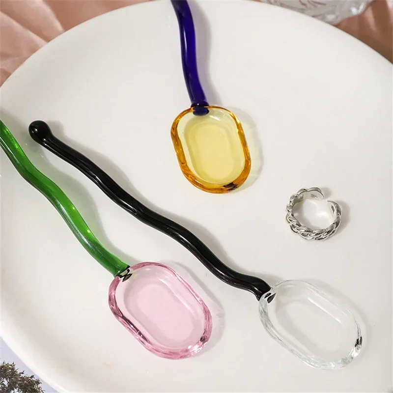 1Pc creative glass milk spoons colored transparent coffee dessert stirring spoon long handle spoon kitchen tableware glass spoon