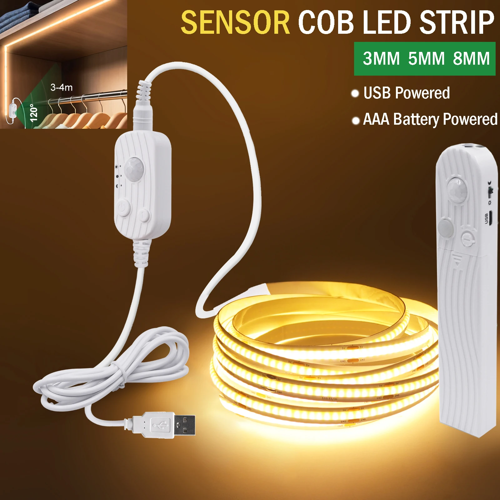 Striscia LED COB 5V DC USB Dimmer Bianco Freddo 2m 8mm Tagliabile - Foto 11